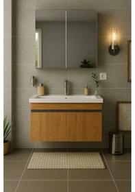 Resim Arista 80 Cm Ahşap Renkli Mdf, Seramik Lavabolu, Alt Ve Üst Dolap Ahşap 