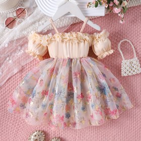 Resim Kızlar için Omuz Açık Çiçekli Dantel Kollu Elbise - Esnek Polyester-Spandex Karışımı, Fırfır Etek & Lastik Bel, 3 Yaş ve Üzeri Sevimli Yazlık Parti Elbisesi 