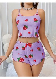 Resim Kadın Mor Çilek Desenli Şortlu Pijama Takımı 5061 Mor 