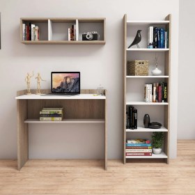 Resim Bimossa Mahidevran Kitaplık ve Raflı Çalışma Masası Ceviz Beyaz 