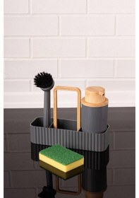 Resim Bambu Desenli Fırçalı Ve Sünger Hazneli Sıvı Sabunluk, Standlı Mutfak Banyo Deterjanlığı gri 
