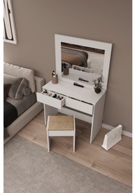 Resim Df02109b Aynalı Puflu Beyaz Makyaj Masası Beyaz 