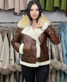 Resim Hakiki Tilki Aksesuarlı Kahverengi Koyun Kürk Manto OZEL1 (Standart Kesim) - XL 