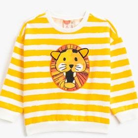 Resim Erkek Bebek Çizgili Sweatshirt Aslan Grafik Baskılı Uzun Kollu Bisiklet Yaka 