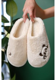 Resim Panda Nakışlı Kadın Ev Terliği Peluş Terlik Çeyiz Ve Bohça Terliği Ses Yapmaz Kalın Taban Krem 
