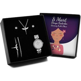 Resim 8 Mart Dünya Kadınlar Gününe Özel Tasarımlı Kutulu Melek Kolye & Melek Bileklik & Zirkon Taşlı Bileklik & Küpe & Saat Seti 