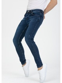 Resim Onezero Erkek Mavi Destroy Skinnyfit Likralı Jean Kot Pantolon Mavi 