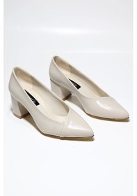 Resim Assortie Krem Rengi Sivri Burun Kalın Topuklu Ayakkabı Krem 