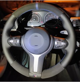 Resim Bmw 3.18 Nokta Nubuk Mavi Yüzüklü Dikmeli Direksiyon Kılıfı 