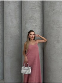 Resim Piliseli Uzun Elbise Pembe 