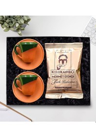 Resim Renkli 2'li Sır Çömlek Fincan & Mehmet Efendi Türk Kahvesi Hediye Seti 