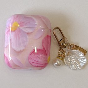 Resim For AirPods 1/2/3/4/Pro/Pro2 için 1 adet silikon sert kılıf, yağlı boya pembe tasarım, anahtarlık ile koruyucu kapak 