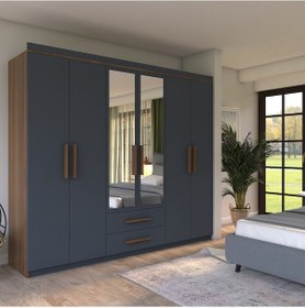 Resim Metalia Gm 820 Armina Lüx 6 Kapılı 2 Çekmeceli Gardrop Ceviz Antrasit Gri 