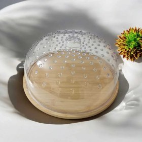 Resim Özbience Yuvarlak Ahşap Kek Fanusu 30CM, Akrilik Kapaklı Servis Sunumu 