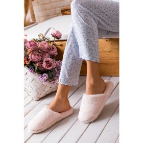Resim Kadın Ev Terliği Pembe Kışlık Ev Ayakkabısı Efektli Yumuşak Sessiz Taban 
