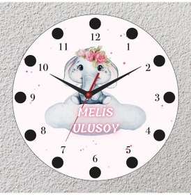 Resim Sevimli Fil Temalı İsimli Cam Duvar Saati Çocuklara Özel Tasarım 20x20 Beyaz 