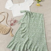 Resim Tatil Tarzı İki Parçalı Etek Takımı, Kare Yaka Kısa Kollu Crop Top ve Allover Baskılı Sarma Bağı Etek, Kadın Giyim 