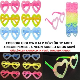 Resim Fosforlu Kalp Model Glow Parti Gözlüğü Karanlıkta Yanan Gözlükler 12 Adet 