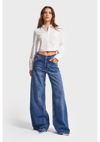 Resim Itsbasic Kadın Koyu Mavi Renk Hera 17w45 Palazzo Fit Bol Kesim Denim Jean 