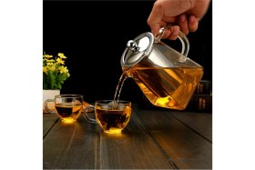 Resim Feyza Design Borosilikat Cam Çelik Süzgeçli Kapaklı Piramit Çay & Kahve Demliği 750 ml 