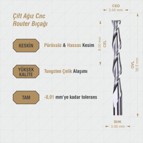 Resim Kradox Cnc Router Bıçak İki Ağız Uç 8 x 3 x 3 x 38.5 