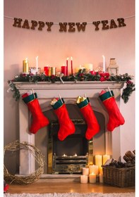 Resim Kahverengi Happy New Year Yazılı Banner, Özel Gün, Davet Organizasyonu ,yeni Yıl, Yılbaşı Sofrası, Simli Eva Banner 