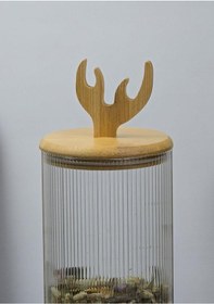 Resim Boynuz Desenli Cam Kavanoz - Bambu Kapaklı Borosilikat Cam Kavanoz - 33 Cm - Yuvarlak 