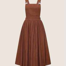 Resim Kadınların şık düz renkli polyester pinafore elbisesi, cepli, esnek olmayan kumaş, askılı sırt, dokuma bahar/ yaz/sonbahar elbisesi 