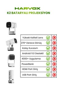 Resim HARVOX K2 Bataryalı Projeksiyon Cihazı Taşınabilir 4K Destekli 1080P Android Sistemli Projektör 