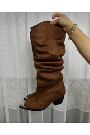 Resim Shoego Kadın Kahverengi Süet Metal Detaylı Western Diz Altı Çizme 