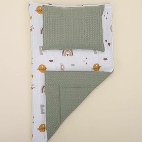 Resim Alt Açma Matı ve Yastık - Çift Taraflı - Koyu Yeşil Örgü - Galaksi ve Harfler 