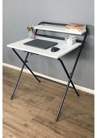 Resim Lich Metal Ayaklı Katlanır Çalışma Masası Beyaz Raflı Laptop Sehpası Çizim Ve Ders Masası Beyaz - Siyah 