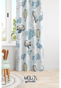 Resim Mavi Uçak Desenli Fon Perde Çocuk Ve Bebek Odası Süet Dijital Baskılı Ekstrafor Büzgü Tek Kanat Çok Renkli 