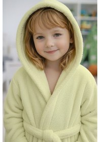 Resim Luna Soft Kız / Erkek Çocuk Kapşonlu Pamuklu Bornoz Peluş Sabahlık 5/6 Yaş Su Yeşili 
