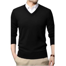 Resim Tezzgelsin 3'lü Erkek V Yaka Uzun Kol Triko Tüylenmez Süveter Erkek Slim Fit Süveter Siyah - Gri - Bordo 