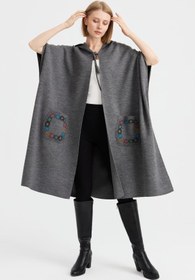 Resim Örgü Motif Detaylı Püsküllü Kapşonlu Panço - Bordo / STD 