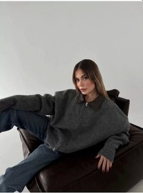 Resim Deri Yakalı Pamuk Dokulu Çift Taraflı Çalışan Fermuar Ceket - Füme Füme 