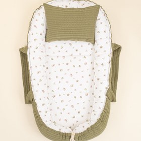 Resim Babynest ve Yastık - Çift Taraflı - Açık Yeşil Örgü - Çiçekler 