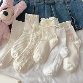 Resim 6 Çift İlkbahar ve Sonbahar Kadınlar Şerit Bağcıklı Şirin ve Tatlı Tarz Beyaz Çoraplarla Dantel, Rahat ve Ter Emici Çok Yönlü Orta Topuk. 