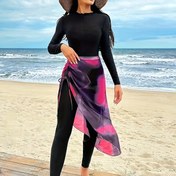 Resim Kadınların Uzun Kollu ve Gingham Desenli Siyah ve Pembe, Plaj ve Havuz için Asimetrik Tasarım, Mayo|Gingham Desen|Esnek Kumaş 
