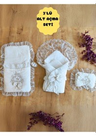 Resim 3'lü Erkek Bebek Alt Açma Minderi Kundaklı Yastıklı Dantelli Yenidoğan Organizer Bebek Yatağı 