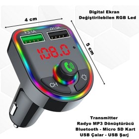 Resim Caraks Çakmaklık Rgb Işıklı Radyo Mp3 Dönüştürücü Transmitter Bluetooth-Micro Sd Kart-Usb Çalar - USB Şarj 
