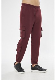 Resim Unisex Bordo 3 Iplik Jogger Rahat Kalıp Kargo Cepli Eşofman Altı Bordo 