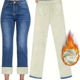 Resim Sonbahar ve Kış için Cep Detaylı Polar Düz Bacaklı Kot Pantolon, Kadınlar için Rahat ve Şık Kot Pantolon, Kadın Giyim & Kot 