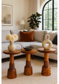 Resim Doğal Meşe Ahşap Mantar Sehpa 3 Lü Set Fiskos & Zigon Takımı Kahverengi 