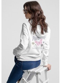 Resim Nevermind Kadın Kapüşonlu Sweatshirt Paradise Yazı Ve Kelebek Desenli Overs Beyaz 