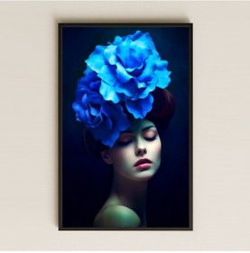 Resim Mavi Güllerle Bezenmiş Kadın Portresi Temalı Şiirsel Pleksi Tablo 