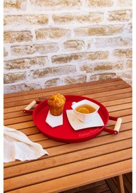 Resim Kitchen Trend 30 Cm Kırmızı Ahşap Kulplu Metal Tepsi Çay Tepsisi 