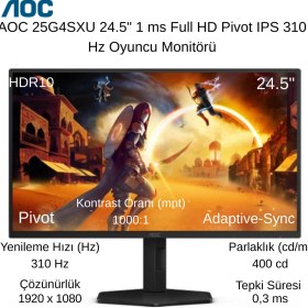 Resim Aoc 25G4SXU 24.5" 1 Ms Full Hd Pivot IPS 310 Hz Oyuncu Monitörü + Oyuncu Mouse Hediye 