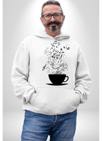 Resim Kahve Müzik Nota Kadın Erkek Beyaz Kapüşonlu Sweatshirt Hoodie Beyaz 